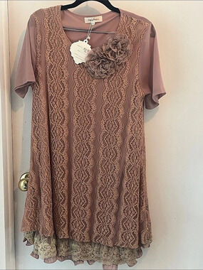 Simply Couture Lace Layered Dress in Pink & Brown Size Large NWT